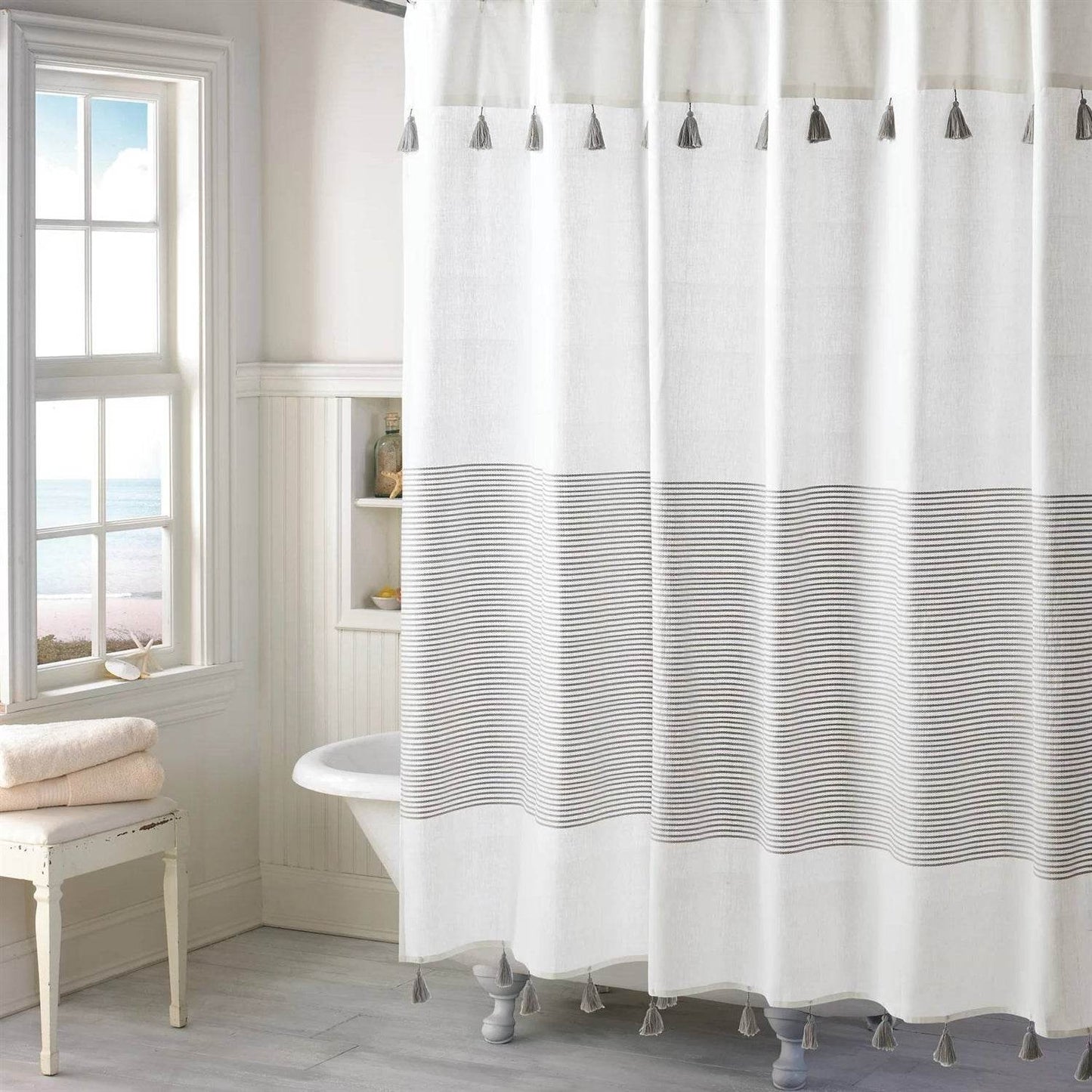 72-inch Grey and White Stripes Cotton Shower Curtain with Tassels - Loft&Timber