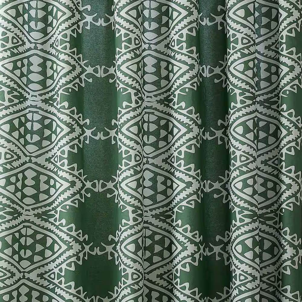72 x 72 inch Cotton Poly Shower Curtain with Green White Geometric Motif Pattern - Loft&Timber
