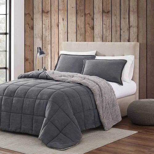 Full/Queen Plush Sherpa Reversible Micro Suede Comforter Set in Gray - Loft&Timber
