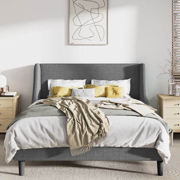 Full Size Grey Linen Blend Upholstered Platform Bed with Wingback Headboard - Loft&Timber