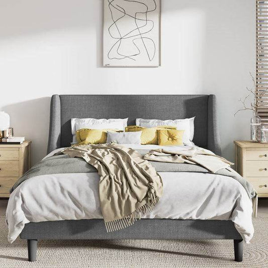 Full Size Grey Linen Blend Upholstered Platform Bed with Wingback Headboard - Loft&Timber