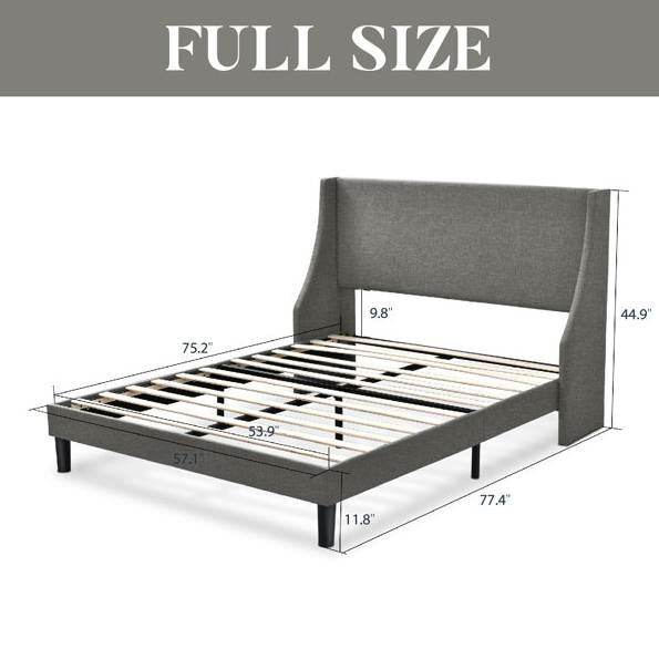 Full Size Grey Linen Blend Upholstered Platform Bed with Wingback Headboard - Loft&Timber