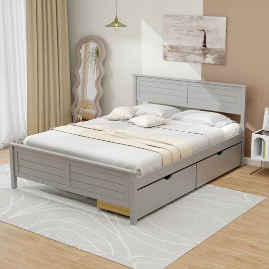 Full Size Grey Platform Bed Frame with 2 Storage Drawers - Loft&Timber