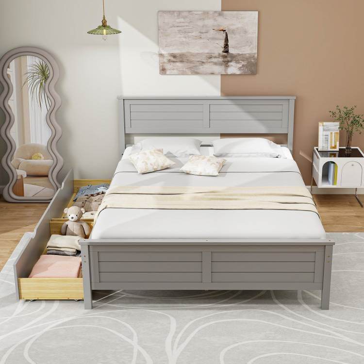 Full Size Grey Platform Bed Frame with 2 Storage Drawers - Loft&Timber