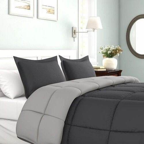 Full/Queen Traditional Microfiber Reversible 3 Piece Comforter Set in Grey - Loft&Timber