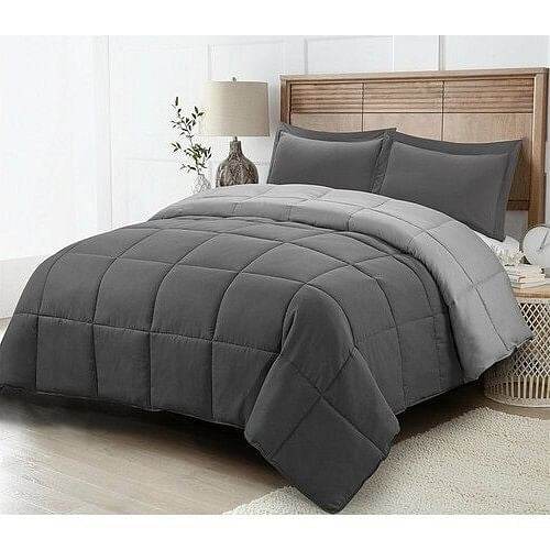 Full/Queen Traditional Microfiber Reversible 3 Piece Comforter Set in Grey - Loft&Timber