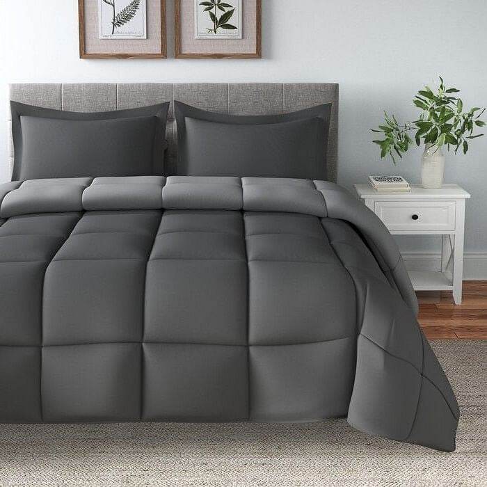 Full/Queen Traditional Microfiber Reversible 3 Piece Comforter Set in Grey - Loft&Timber