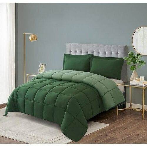 King/Cal King Traditional Microfiber Reversible 3 Piece Comforter Set in Green - Loft&Timber