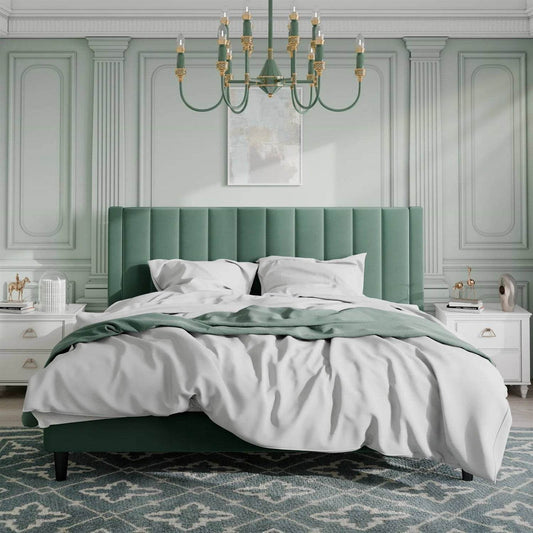 King size Modern Green Velvet Upholstered Platform Bed with Headboard - Loft&Timber