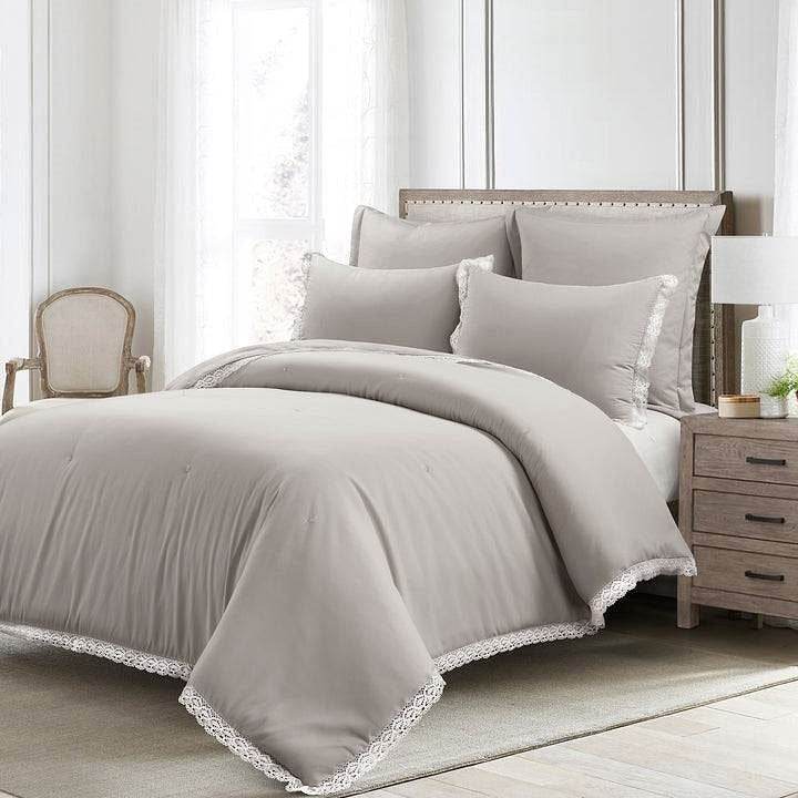 King French Country Grey 5-Piece Lightweight Comforter Set with Lace Trim - Loft&Timber