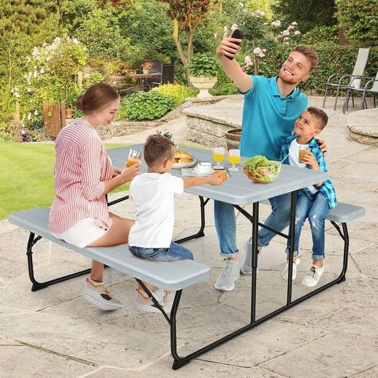 Grey Folding Picnic Table with 2 Benches Outdoor Patio Dining Set - Loft&Timber