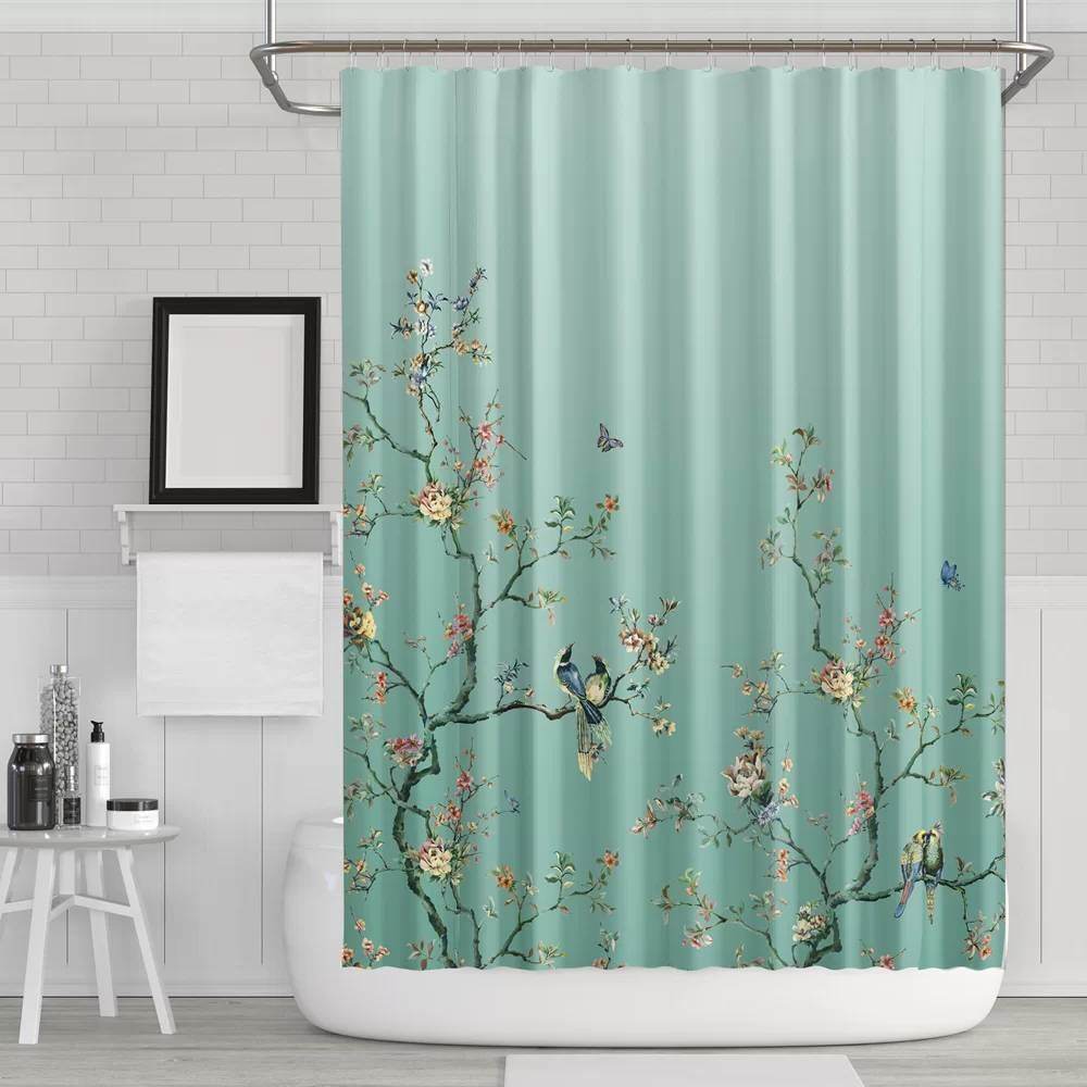 72-in. Teal Blue Green Floral Tree Bird Butterfly Japanese Style Shower Curtain - Loft&Timber