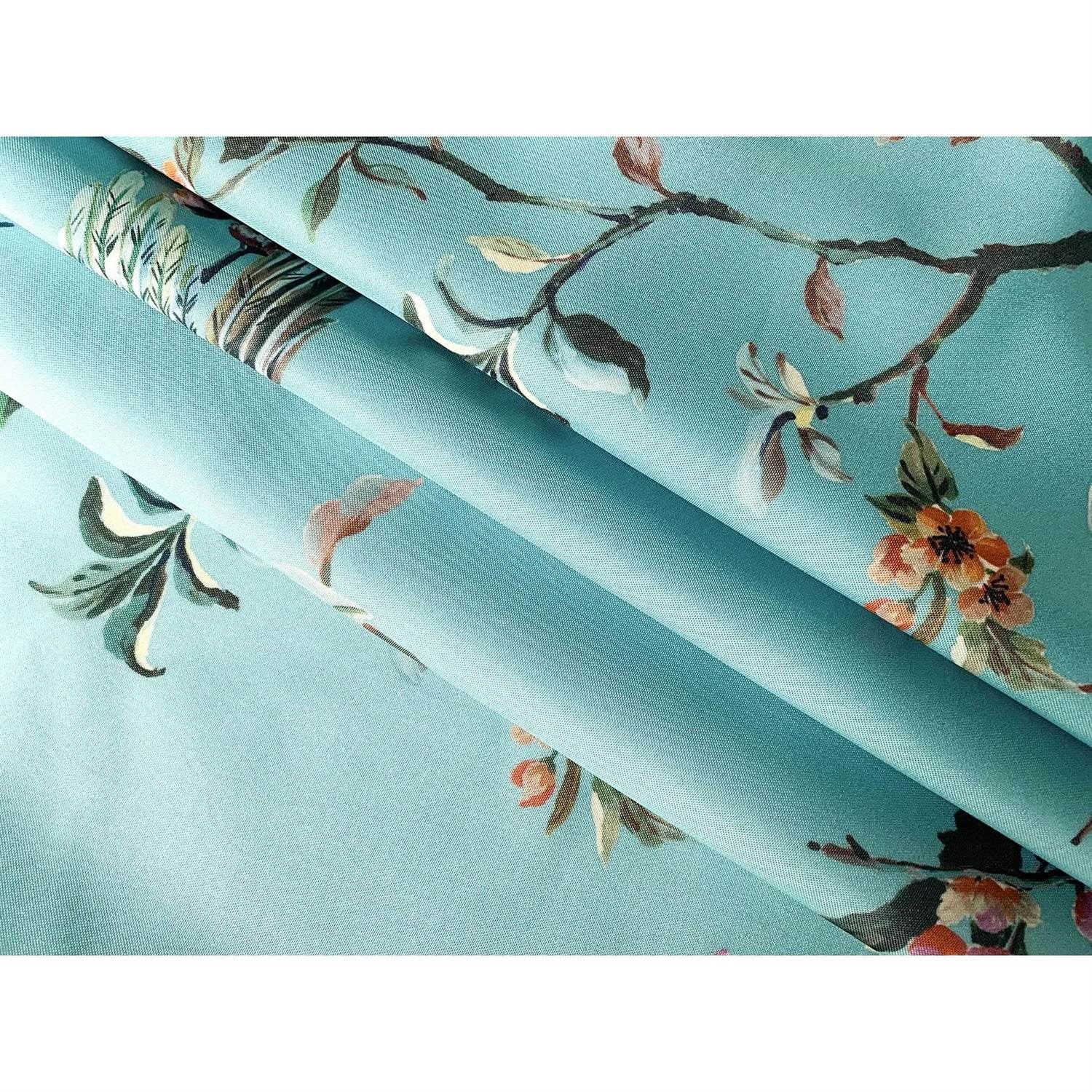 72-in. Teal Blue Green Floral Tree Bird Butterfly Japanese Style Shower Curtain - Loft&Timber
