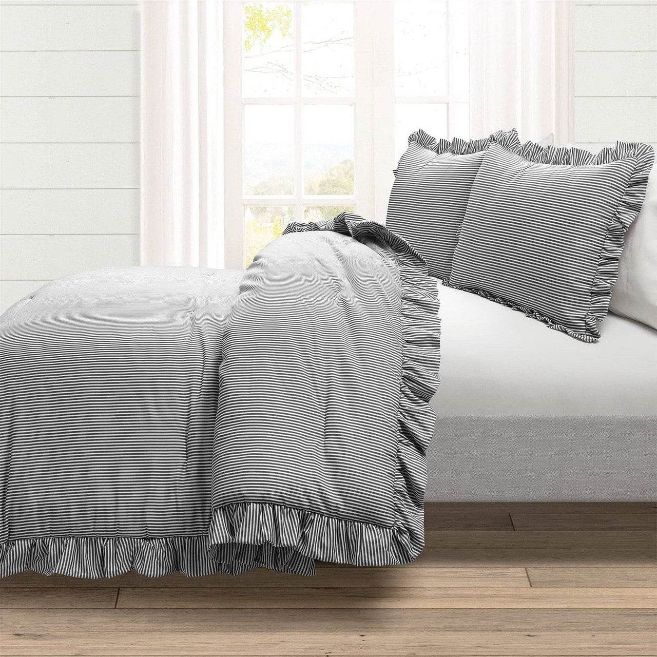 Full/Queen Grey White Stripe Ruffle Reversible 3 Piece Comforter Set - Loft&Timber