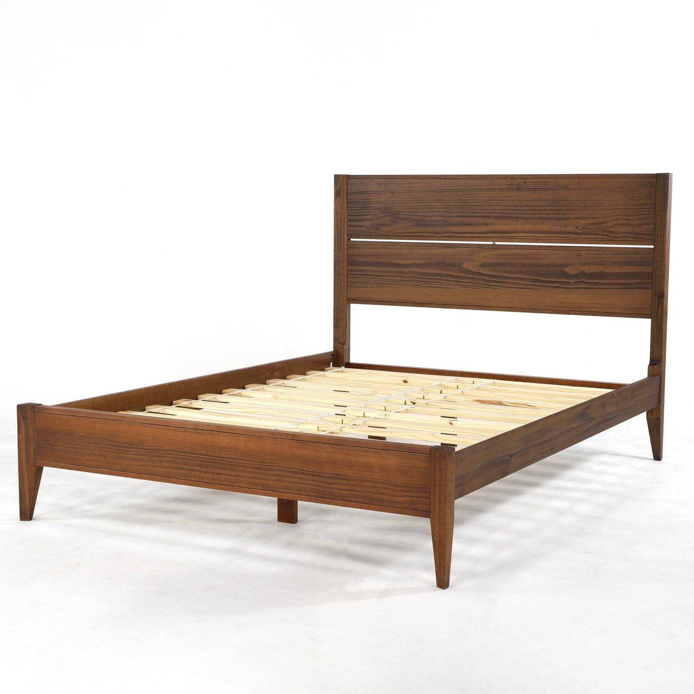 Queen Size Rustic Walnut Mid Century Slatted Platform Bed - Loft&Timber