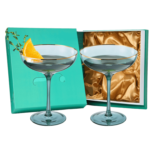 Colored Green & Gilded Rim Wine Glassware, Large 9oz Cocktail & Champagne Glasses 2-Set Vibrant Color Gold Vintage Stemmed Wine Glass, Glassware Gift Idea Perfect for Spring, Mother's Day (Coupe) - Loft&Timber