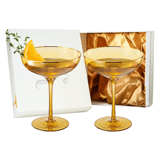 Colored Sunset Yellow & Gilded Rim Coupe Glass, 9oz Cocktail & Champagne Glasses 2-Set Vibrant Color Gold Vintage Tumblers, Margarita, Glassware Gift Idea Gifts for Mom, Him, Wife, Housewarming Coupes - Loft&Timber