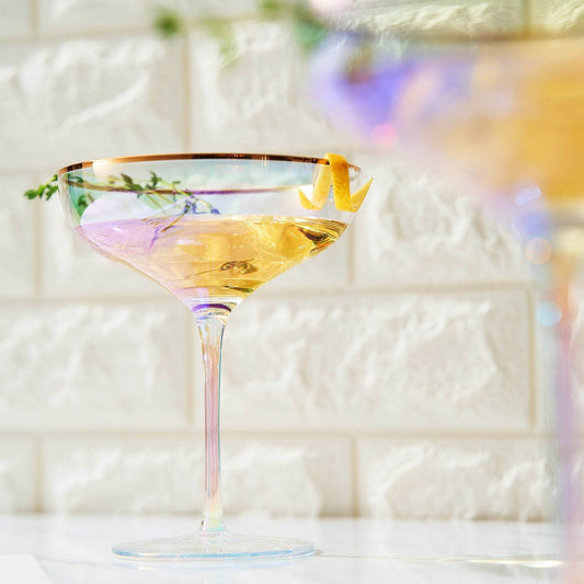 Iridescent Colored Gilded Rim Coupe Glass, 2-Set Large 9oz Rainbow Cocktail & Champagne, Luster Pearl Glasses Vibrant Color Gold Vintage Tumblers, No Stem Margarita, Glassware Gift - The Wine Savant - Loft&Timber