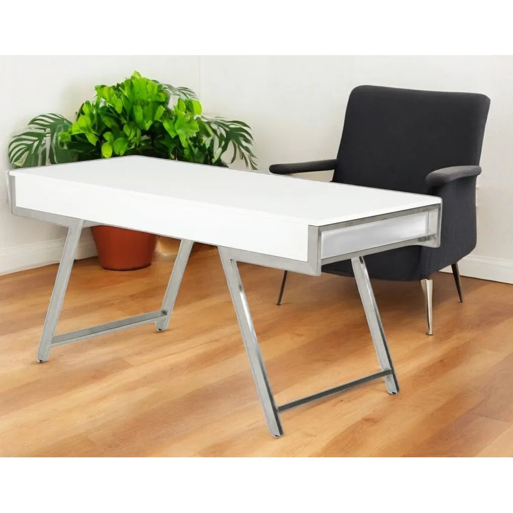 HMS 63" Modern White and Silver Melamine Desk - Loft&Timber