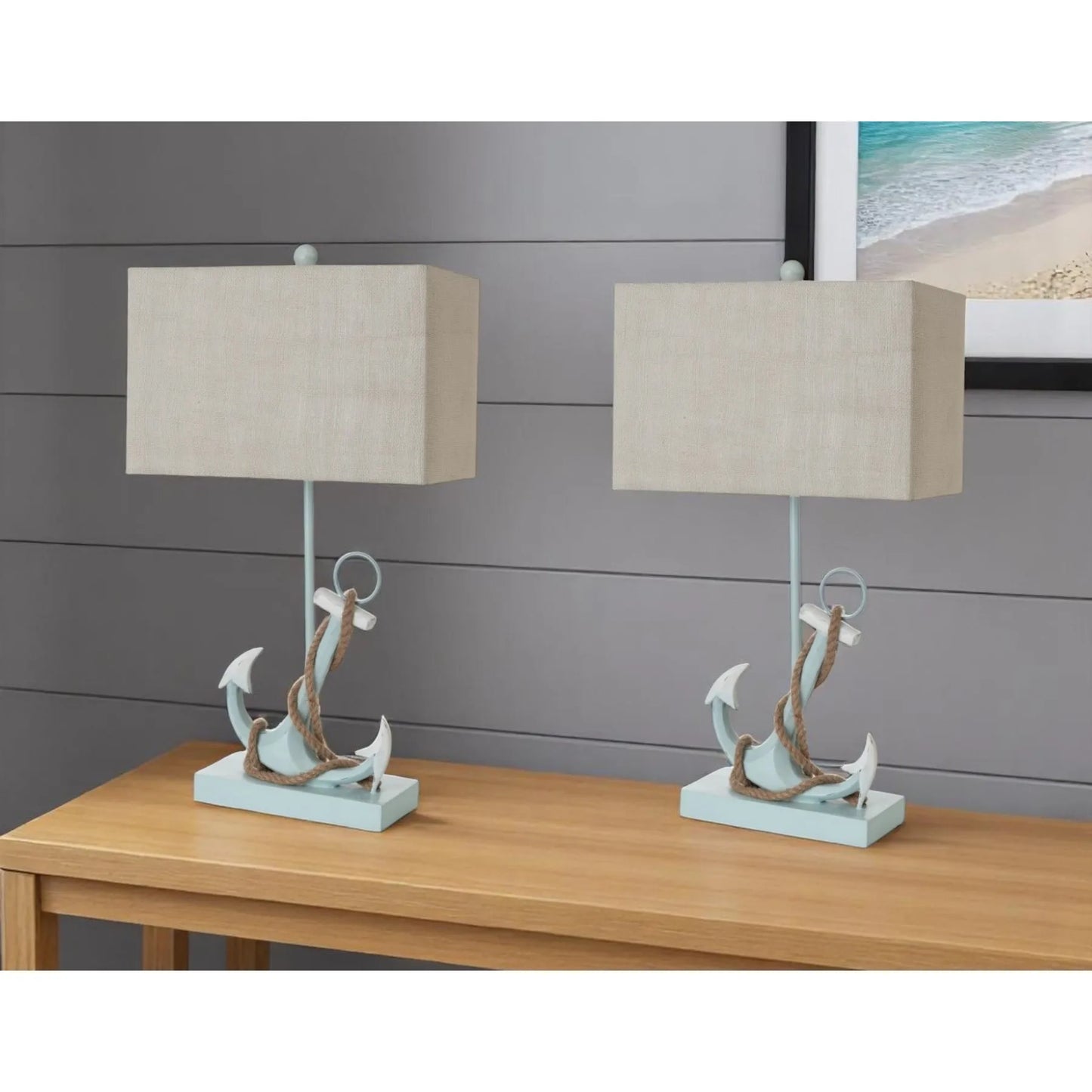 Set of Two 28" Blue Coastal Anchor Table Lamps with Beige Shade - Loft&Timber