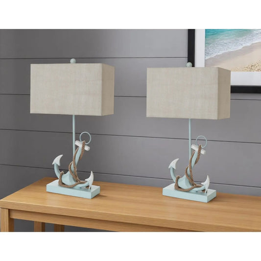 Set of Two 28" Blue Coastal Anchor Table Lamps with Beige Shade - Loft&Timber