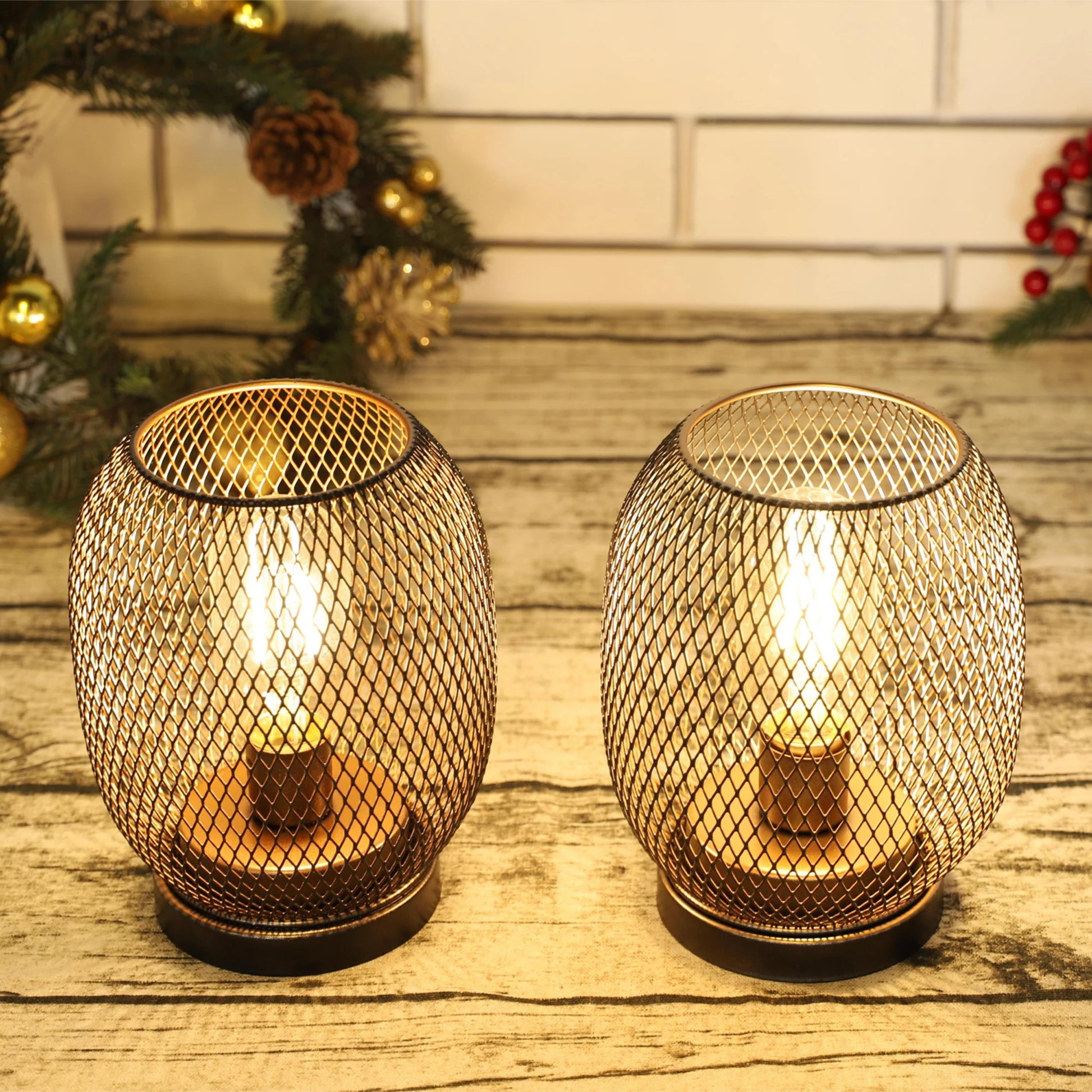 Set of Two 7" Black Metal Lantern Bedside Lamps with Black Lattice Cage Shade - Loft&Timber