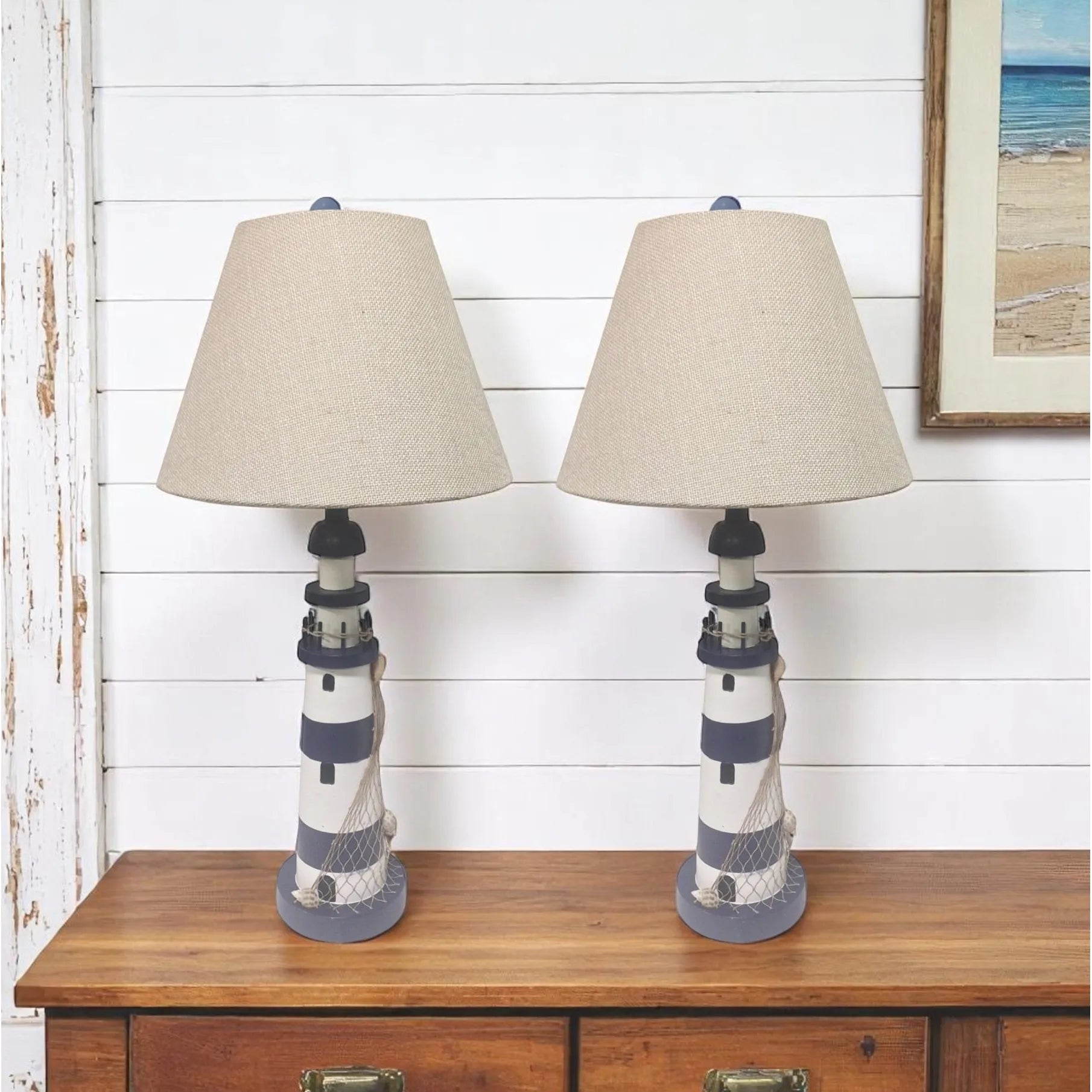 HMS Set of Two 30" Modern Blue White Lighthouse with Cream Cone Shade Table Lamps - Loft&Timber