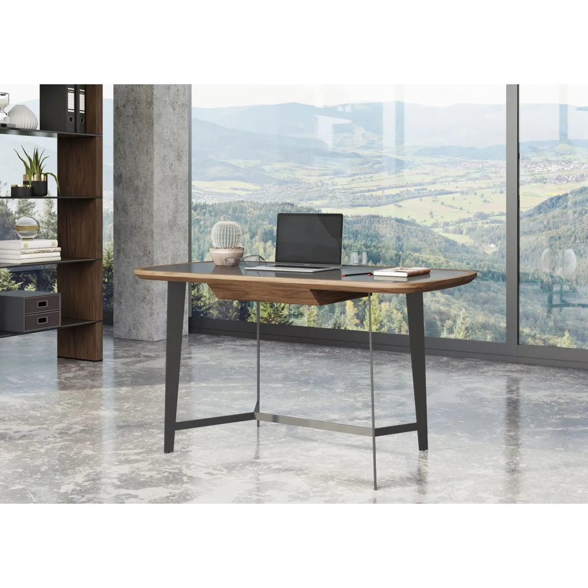 HMS 55" Walnut and Black Glass Rectangular Desk - Loft&Timber