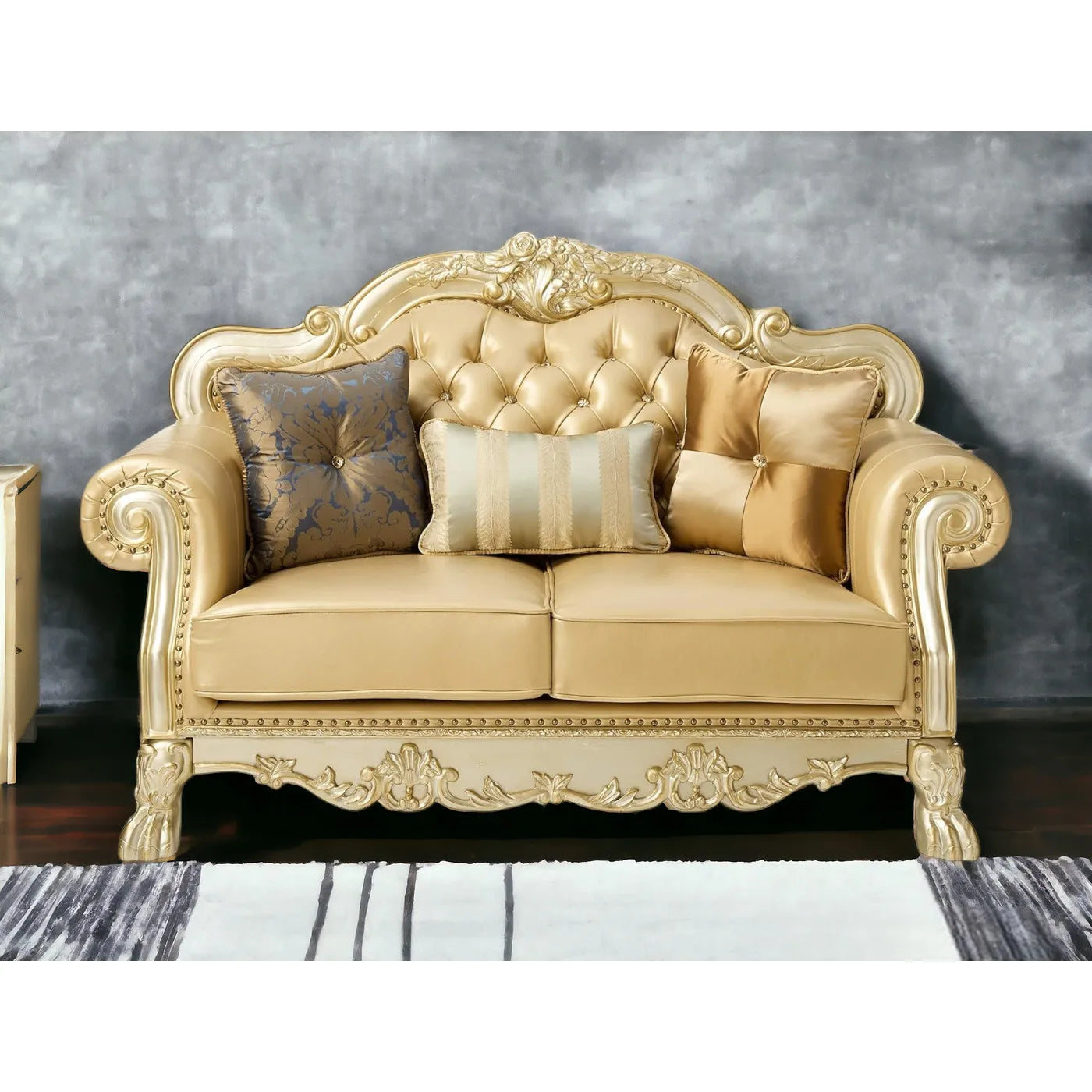 HMS 64" Bone and Gold Faux Leather Loveseat - Loft&Timber