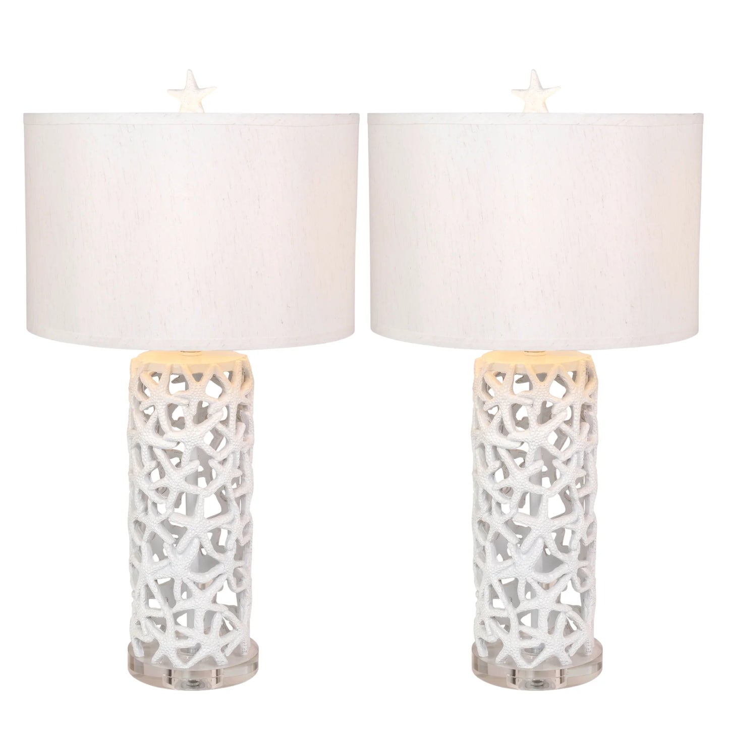 Set of Two 30" White Coastal Starfish Table Lamps with White Drum Shades - Loft&Timber