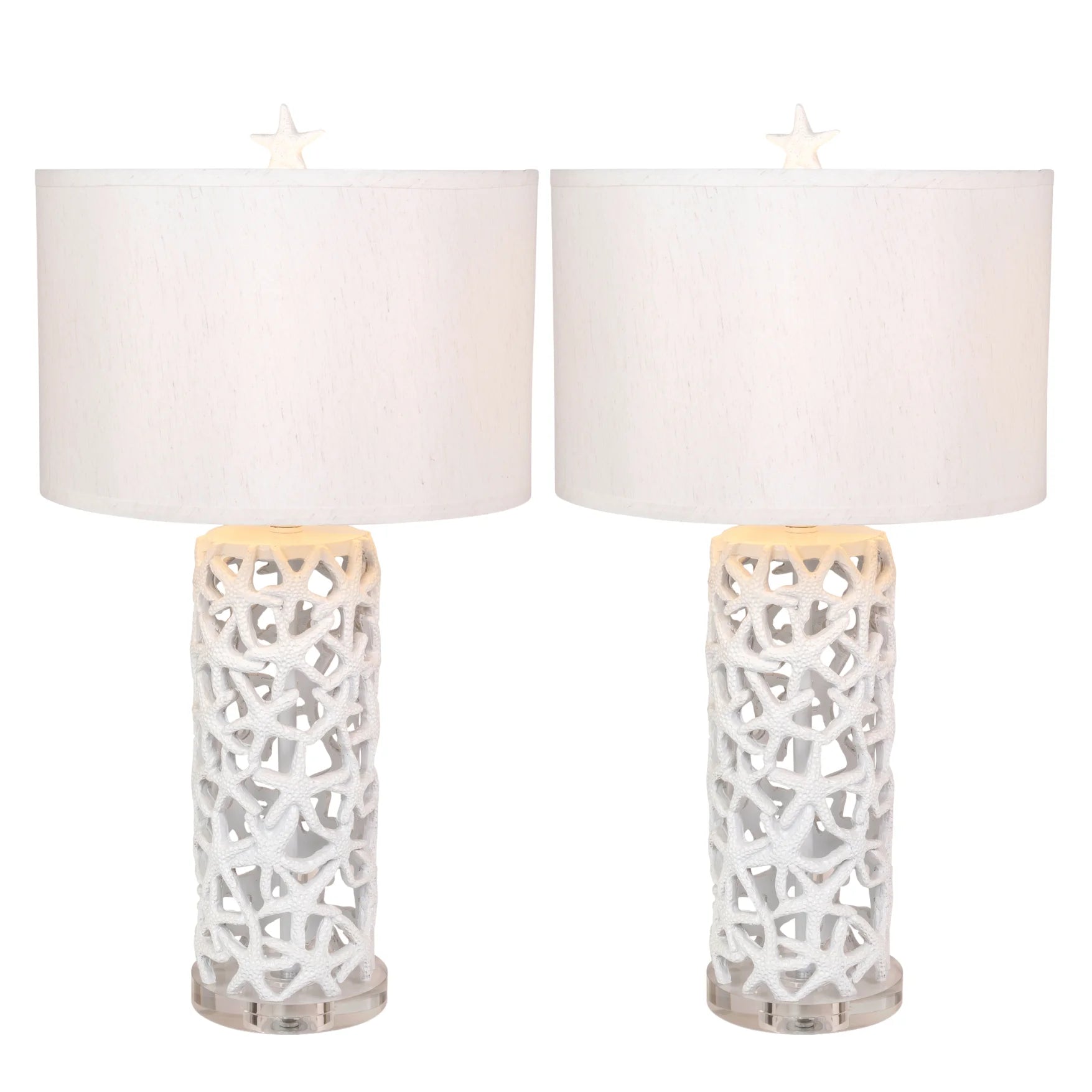 Set of Two 30" White Coastal Starfish Table Lamps with White Drum Shades - Loft&Timber