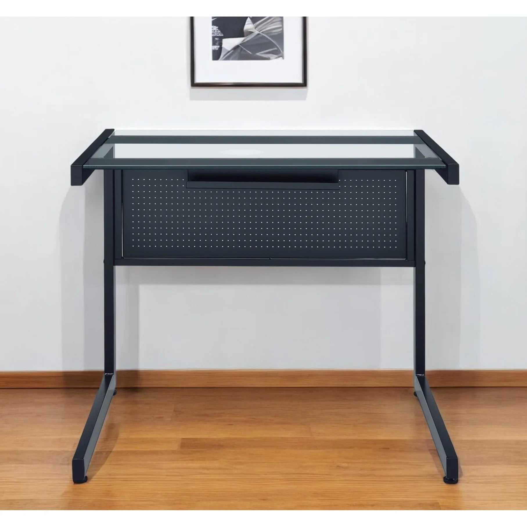 HMS 33" Clear and Black Glass Computer Desk with Stainless Steel Writing Surface - Loft&Timber