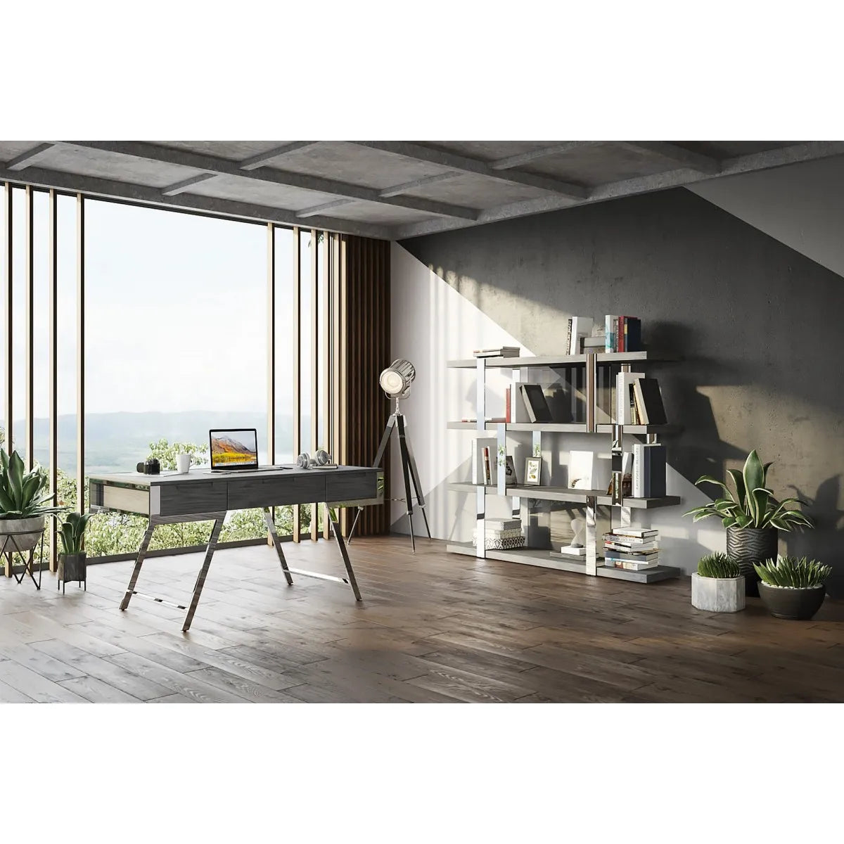 HMS 63" Gray Silver Wooden Writing Desk with Three Drawers - Loft&Timber