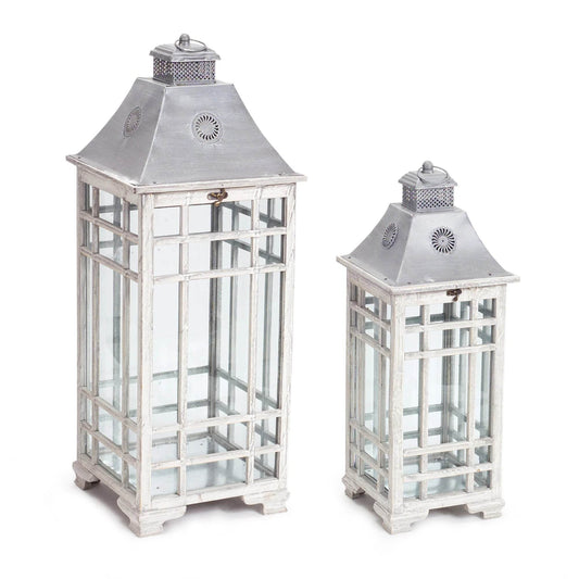 Set of Two White and Silver Distressed Geometric Metal Floor Lamps - Loft&Timber