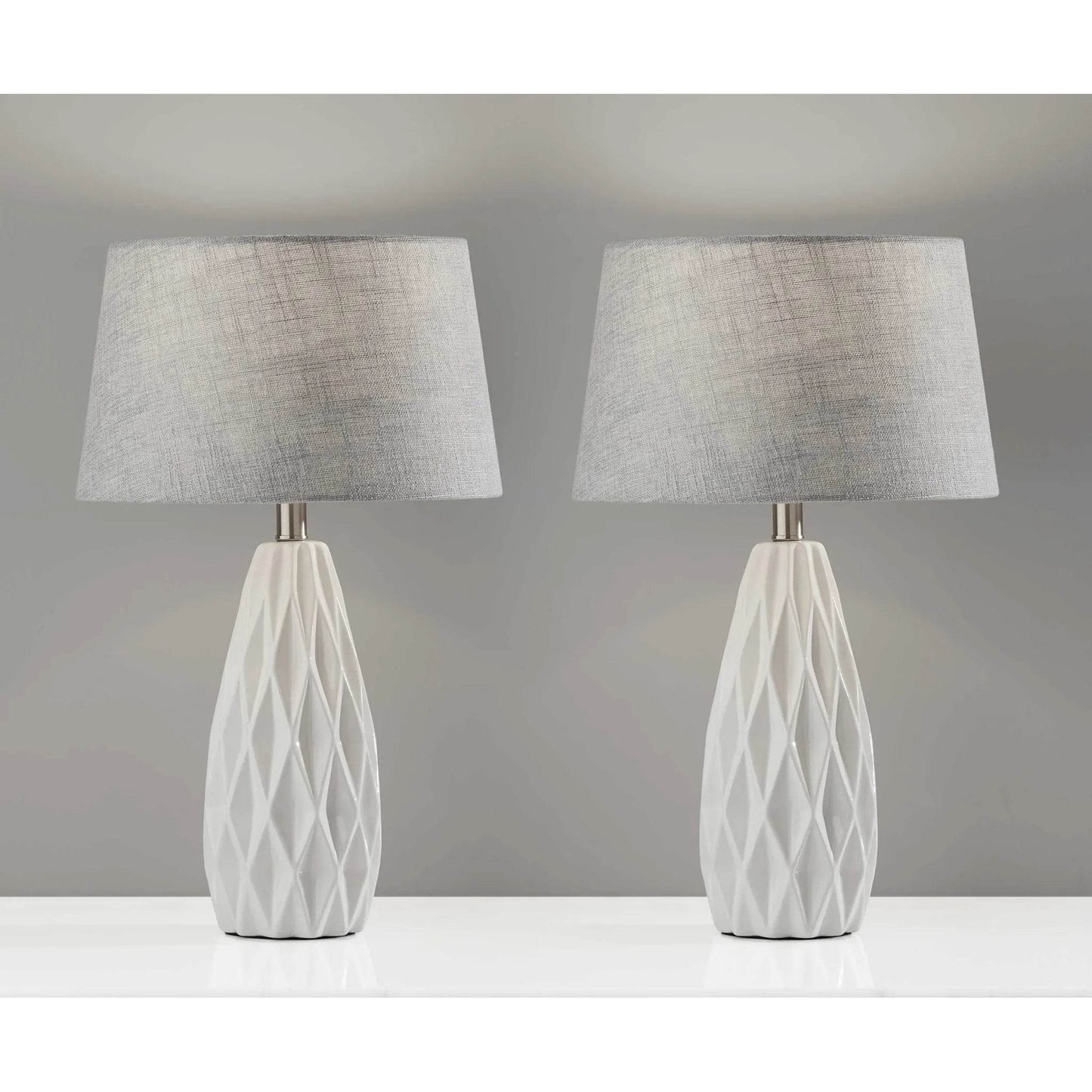 Set of Two 23\" White Ceramic Bedside Lamps with Gray Drum Shade HMS Table Lamps - Loft&Timber