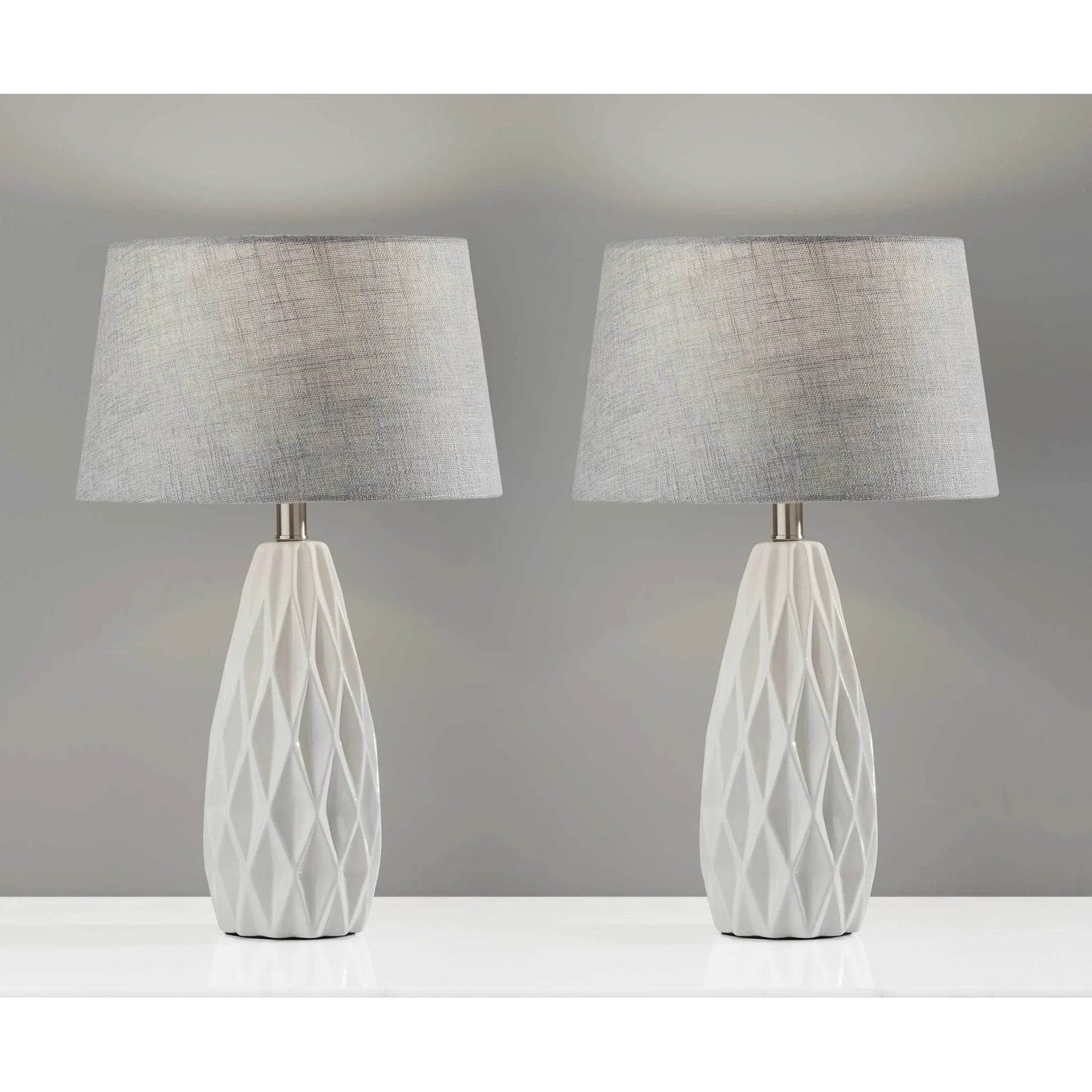 Set of Two 23\" White Ceramic Bedside Lamps with Gray Drum Shade HMS Table Lamps - Loft&Timber