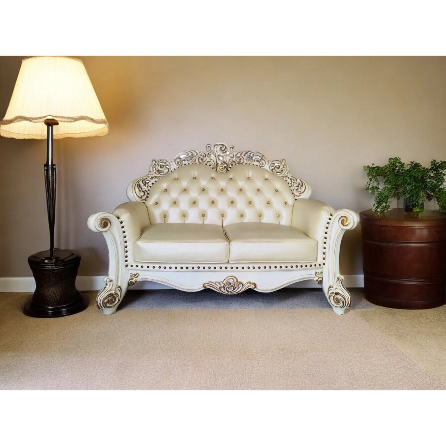 HMS 70" Champagne and Pearl Genuine Leather Loveseat and Toss Pillows - Loft&Timber