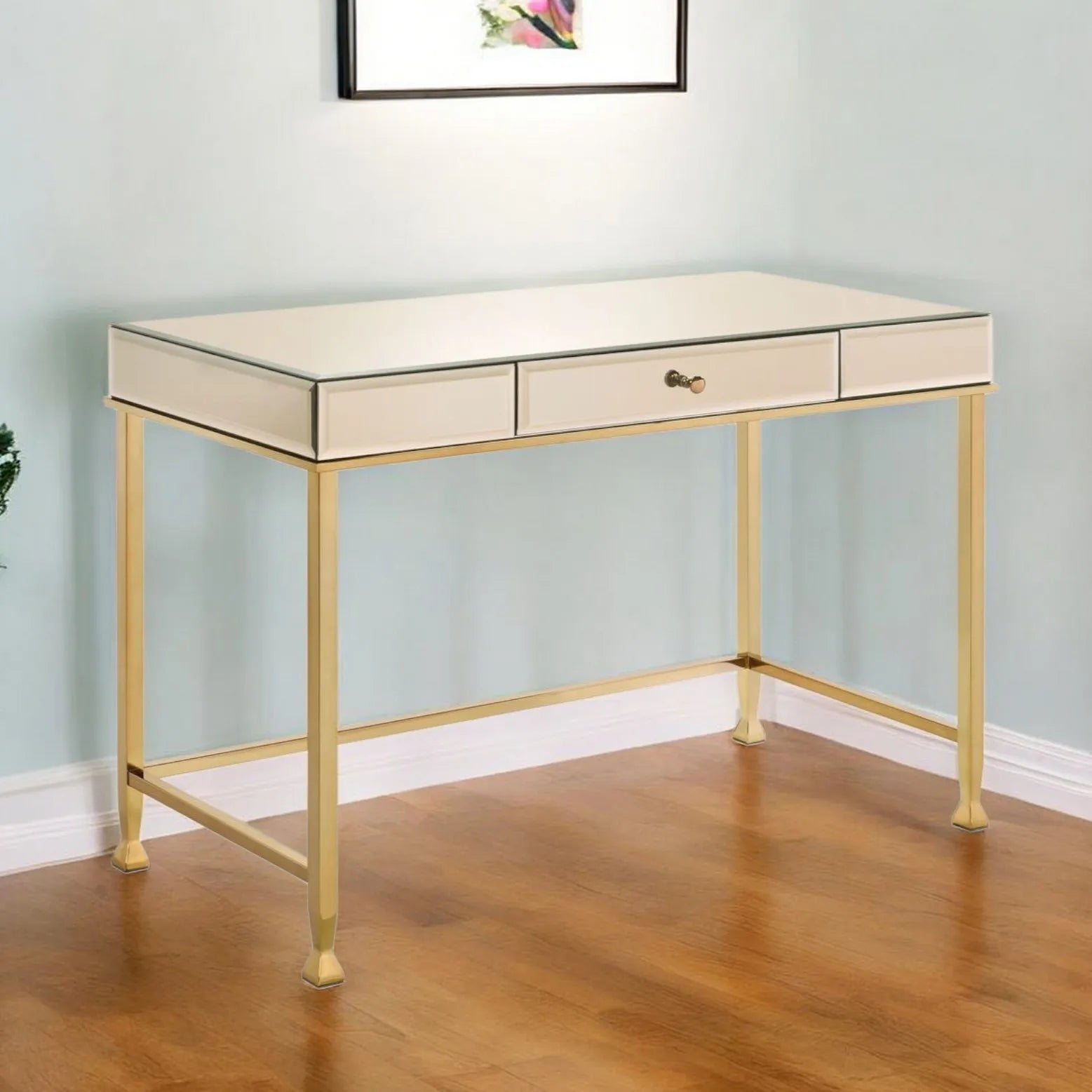 HMS 42" Solid Wood Computer Table White and Gold Mirrored Desk - Loft&Timber