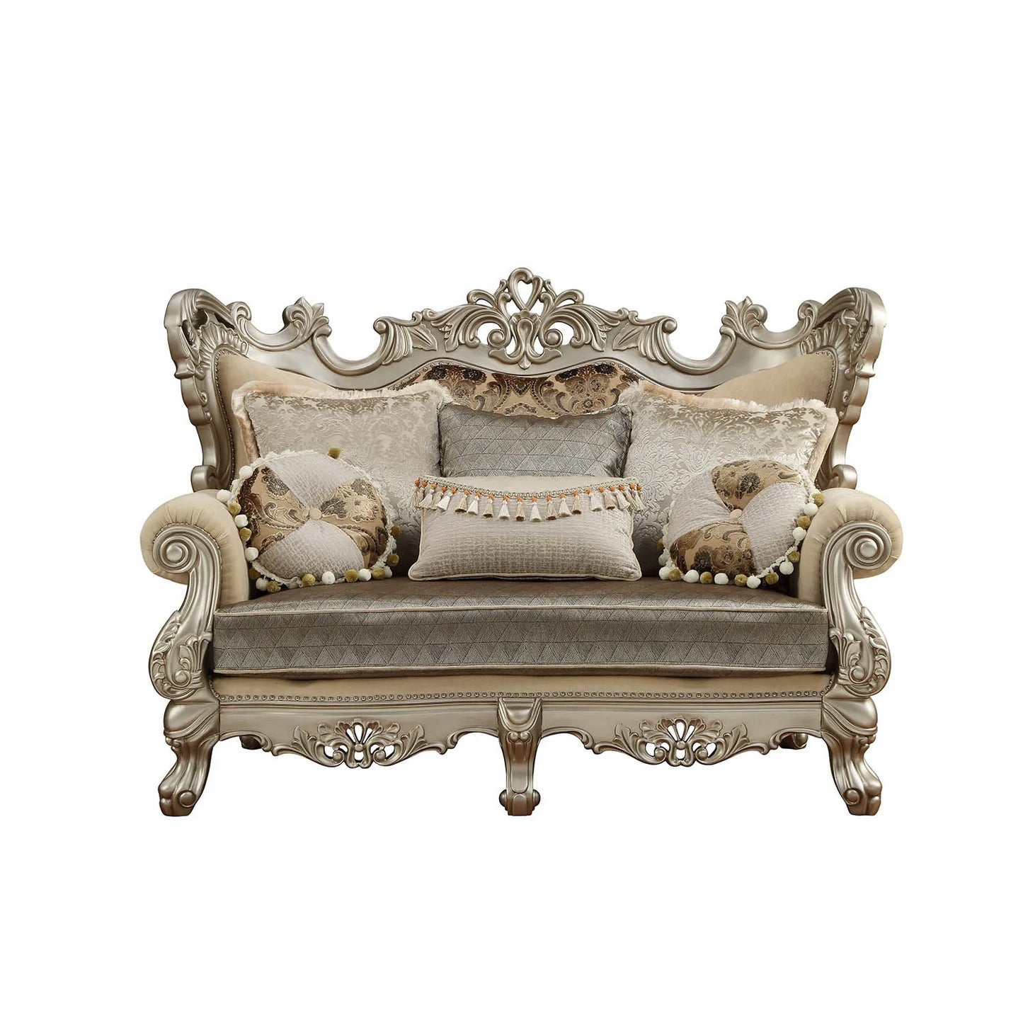 HMS 72" Cream Platinum Damask Chesterfield Loveseat with Toss Pillows - Loft&Timber