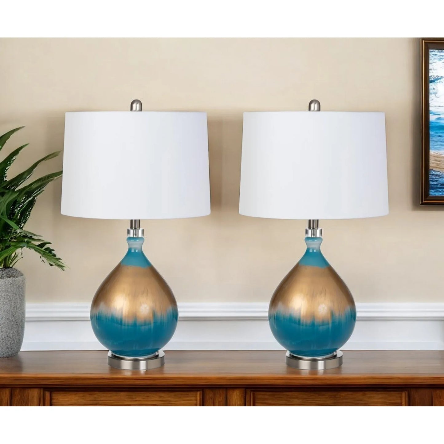 HMS Set of Two 27" Ombre Blue and Gold Glass Table Lamps with White Empire Shade - Loft&Timber