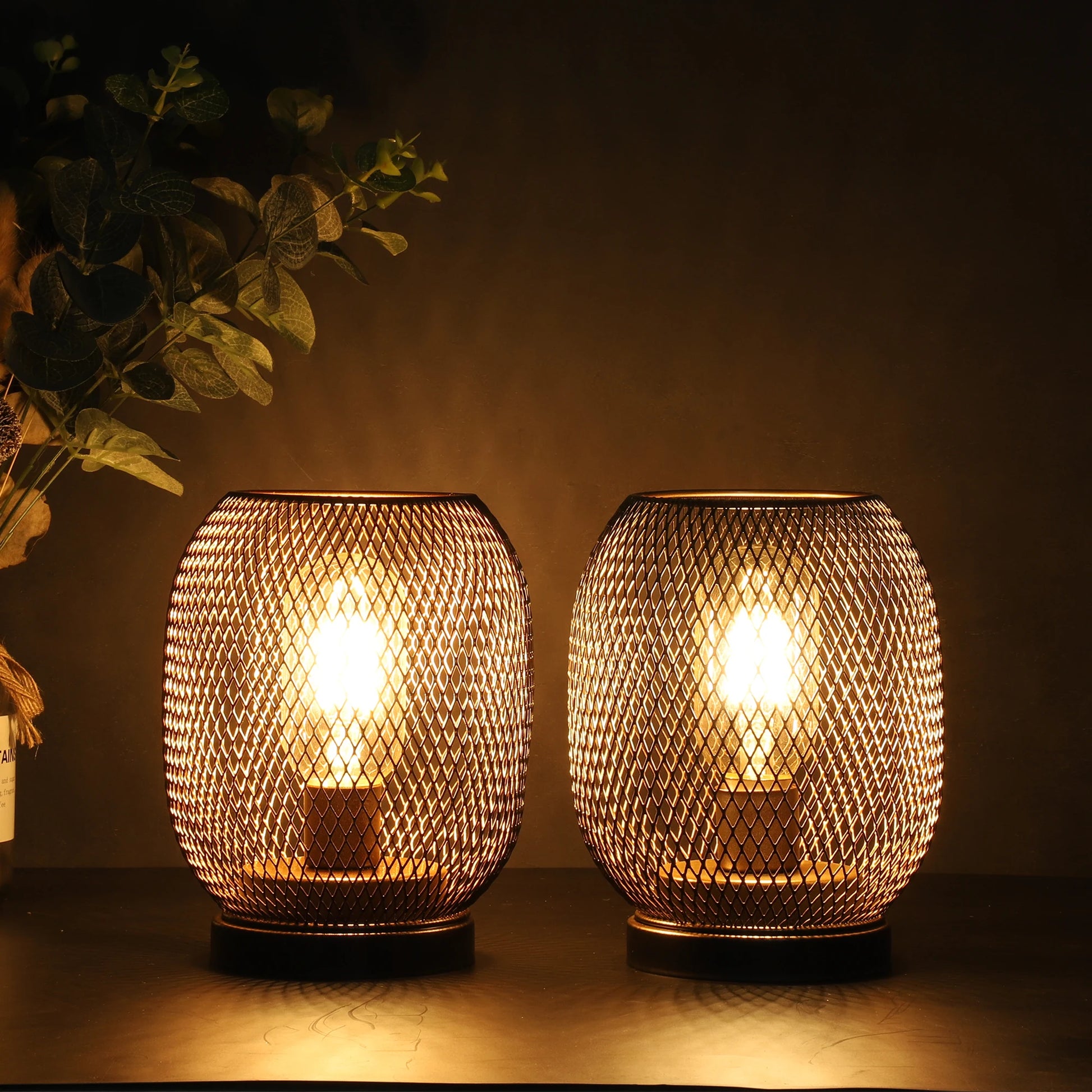Set of Two 7" Black Metal Lantern Bedside Lamps with Black Lattice Cage Shade - Loft&Timber