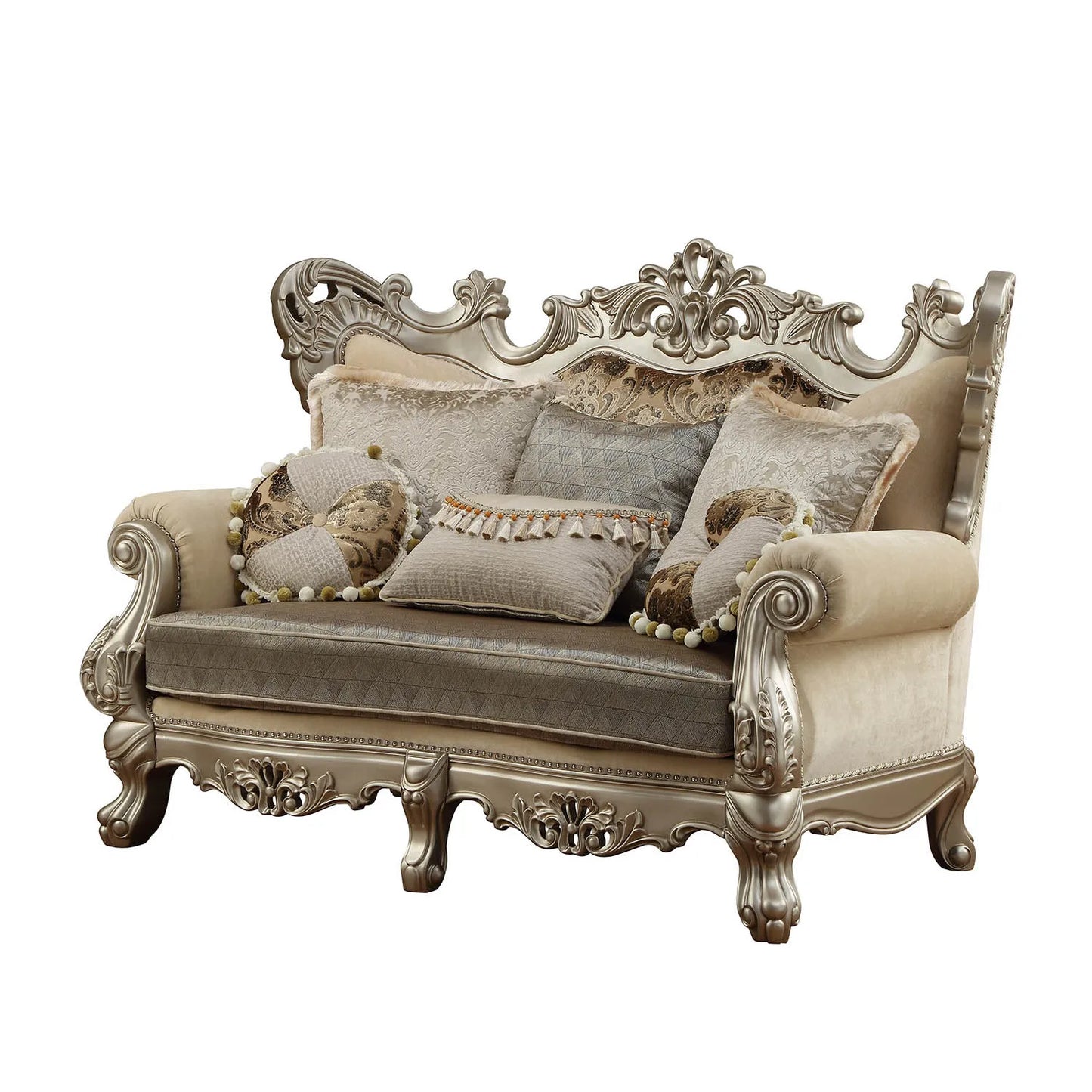 HMS 72" Cream Platinum Damask Chesterfield Loveseat with Toss Pillows - Loft&Timber