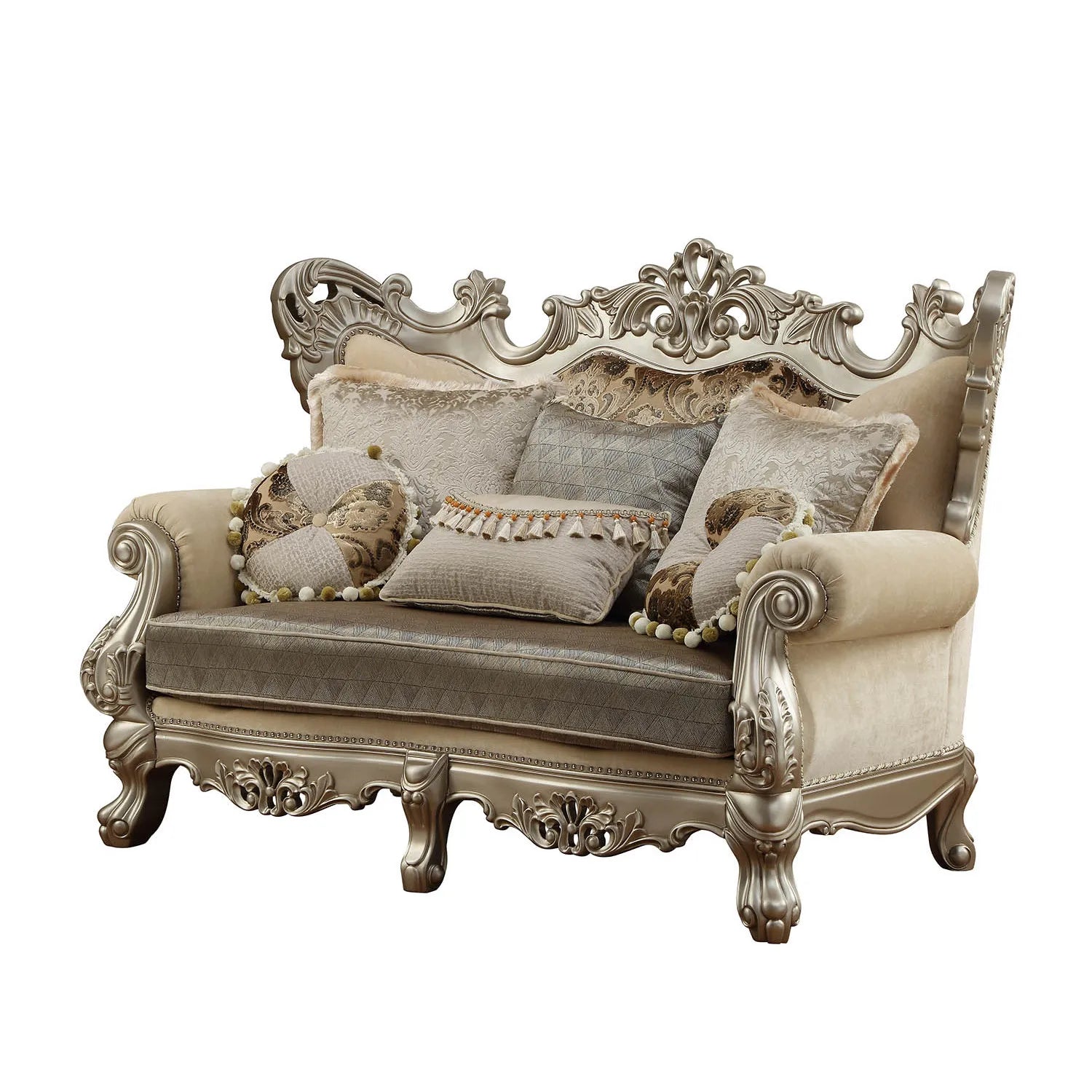 HMS 72" Cream Platinum Damask Chesterfield Loveseat with Toss Pillows - Loft&Timber