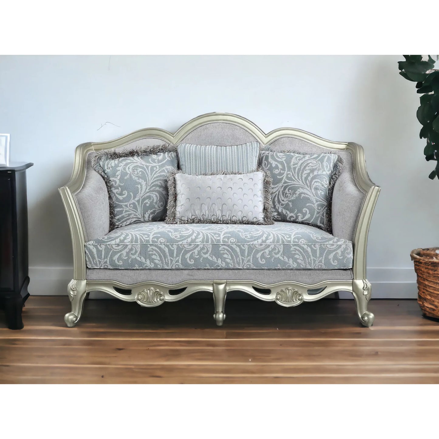 HMS 66" Light Gray and Champagne Damask Loveseat and Toss Pillows - Loft&Timber