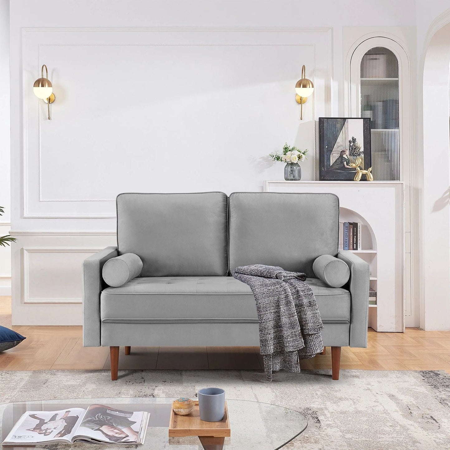 HMS 57" Gray and Dark Brown Velvet Loveseat and Toss Pillows - Loft&Timber