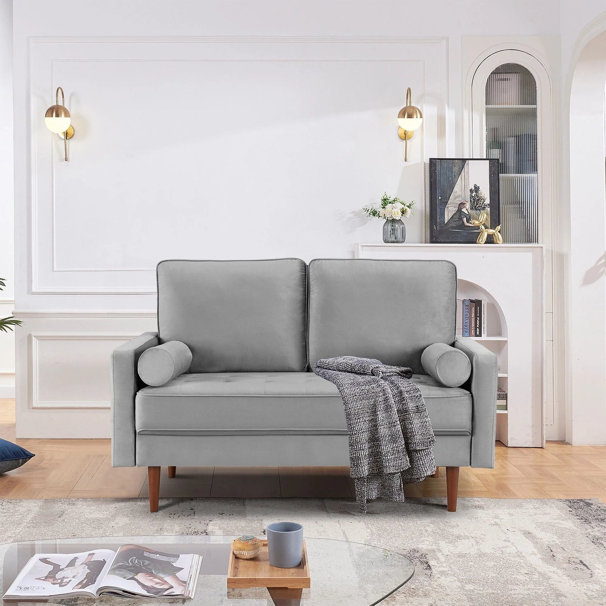 HMS 57" Gray and Dark Brown Velvet Loveseat and Toss Pillows - Loft&Timber