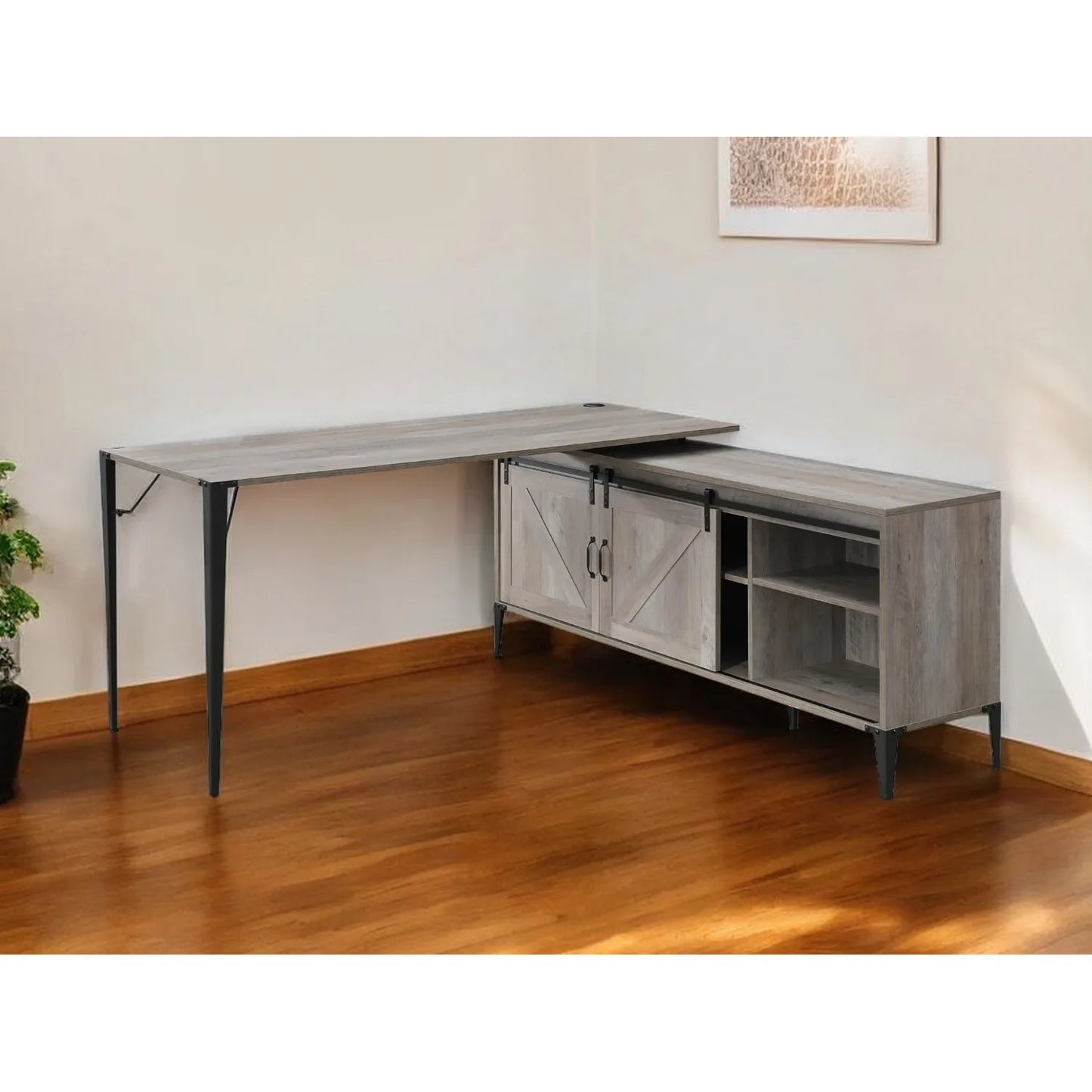 HMS 65" Gray Black Ergonomic L-Shaped Desk with Extendable Bookshelf - Loft&Timber