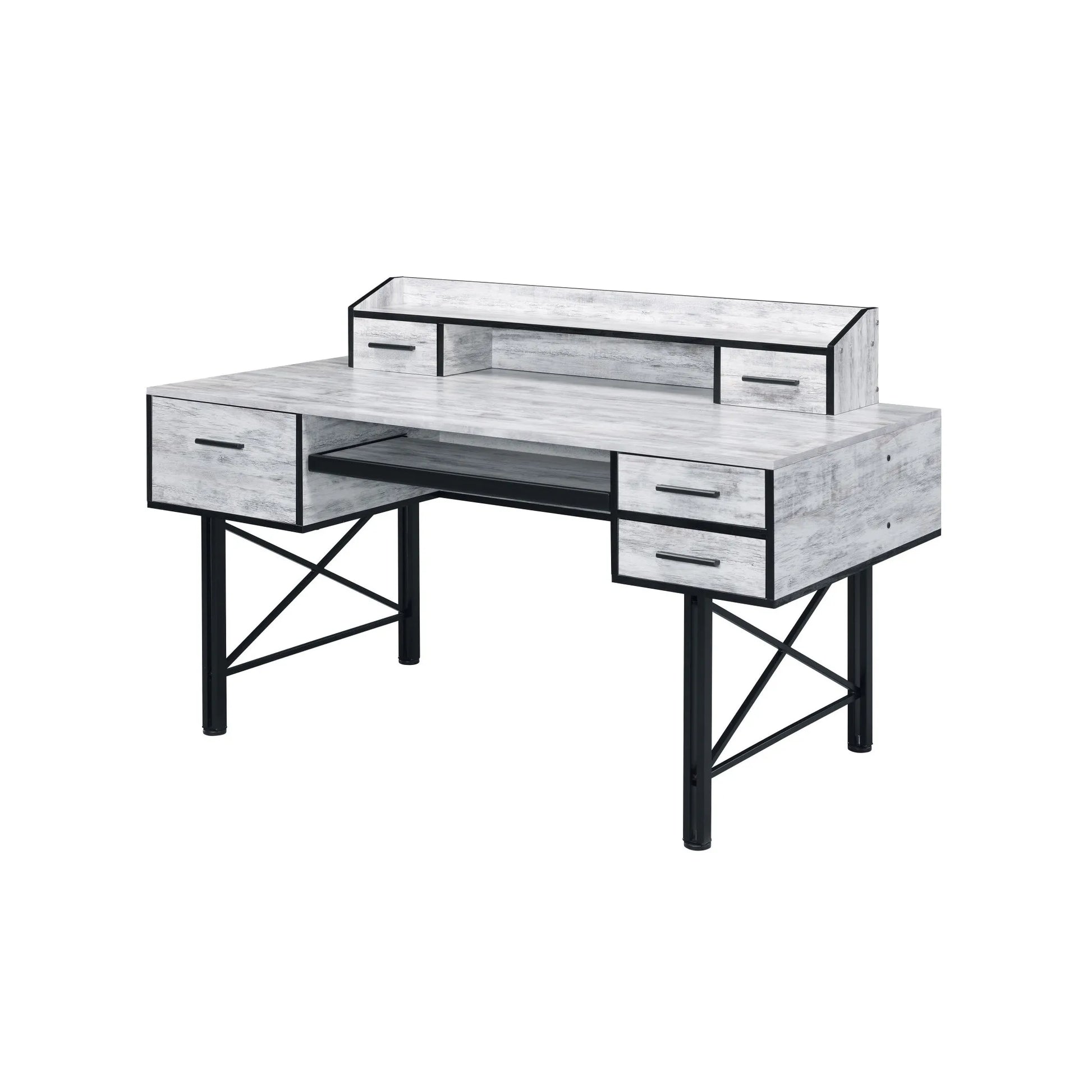 HMS 59" Antiqued White and Black Computer Desk with Five Drawers - Loft&Timber