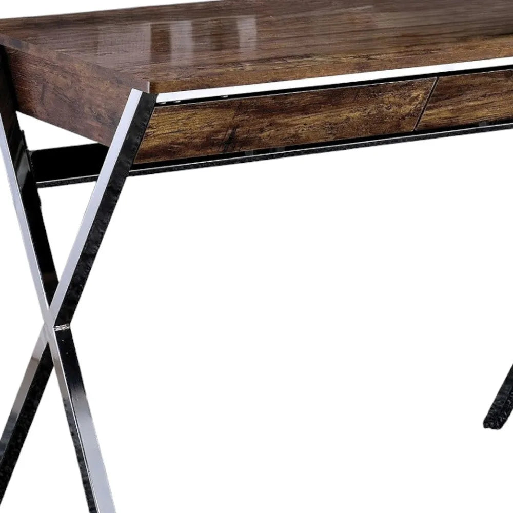 HMS 36" Solid Wood Writing Desk with Two Drawers Brown and Silver - Loft&Timber