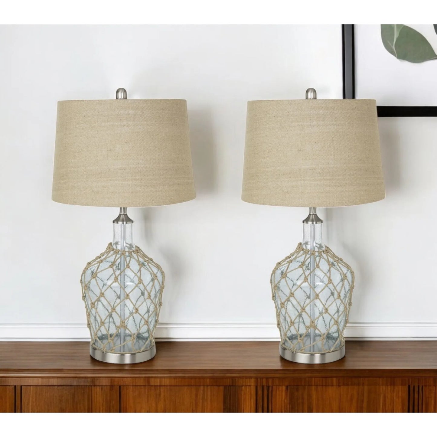 HMS Set of Two 28" Coastal Table Lamps Light Blue and Silver Glass and Metal Unique Style and Elegance - Loft&Timber